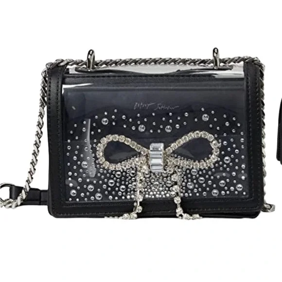 BETSEY JOHNSON Stadium bag Embellished Bow Black Clear Silver bling Like new - Picture 5 of 15